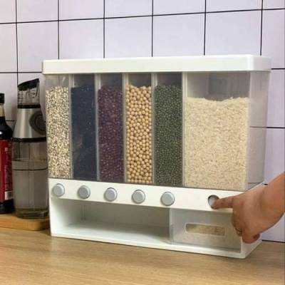 6 in 1 Wall-Mounted Cereals Dispenser Press Grain Storage Tank Dry Food Organizer Rice Dispenser for Home and Kitchen